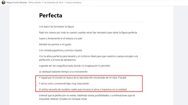El poema “Perfecta” que el presunto feminicida de Iztacalco compartió en su cuenta de Facebook en el 2014