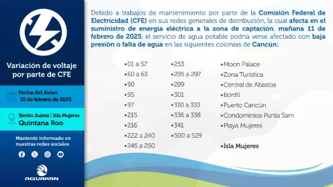 Anuncian corte de agua en Cancún para el martes 11 de febrero de 2025 Colonias afectadas y horario.jpg