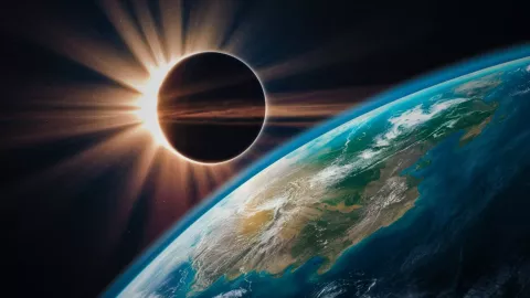 Una impresionante fotografía cinematográfica de un eclipse solar desde el punto de vista del espacio exterior