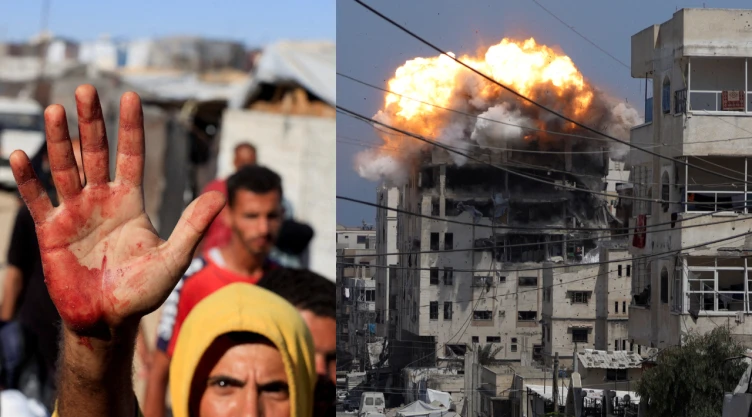 Un hombre palestino muestra manchas de sangre en la palma de su mano después de haber llevado bajas entre personas que buscaban suministros de ayuda de la Fundación Humanitaria de Gaza respaldada por Estados Unidos, en Khan Younis, en el sur de la Franja de Gaza.