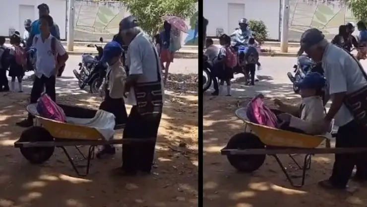 VIRAL_ Abuelito busca a su nieta al colegio y la lleva a casa en carretilla