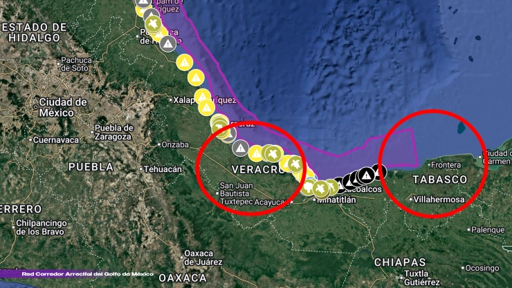 Mapa de zonas afectadas por derrame de petróleo en el Golfo de México: Tabasco y Veracruz en foco rojo 