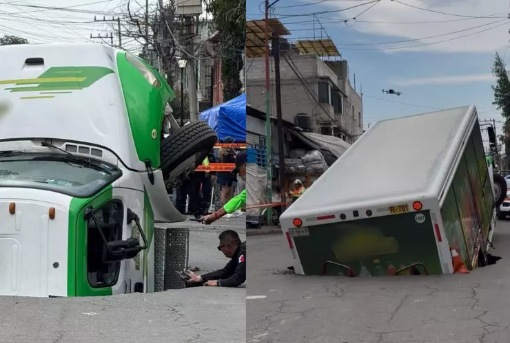 VIDEO | Camión de refrescos cae en un socavón en Iztapalapa, CDMX