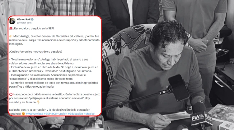 Captura de publicación en X del diputado Héctor Saúl con críticas a Marx Arriaga, superpuesta sobre imagen de Marx Arriaga en una conferencia.