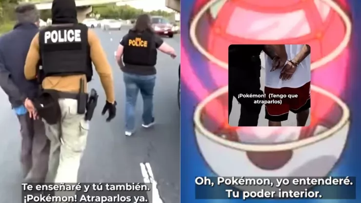 Una imagen dividida. A la izquierda, una captura del videojuego de Pokémon. A la derecha, una imagen de un operativo de la Patrulla Fronteriza de Estados Unidos.
