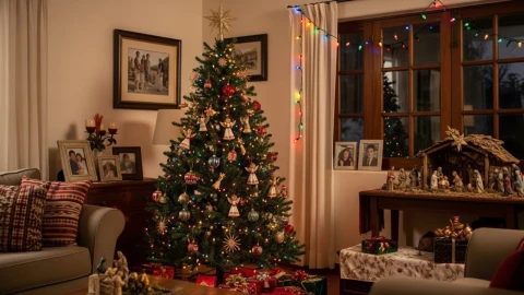 un árbol de navidad decorado en un hogar mexicano y acompañado de un nacimiento así como regalos