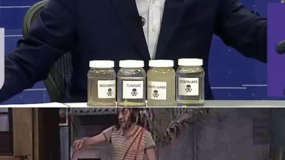 Debate Chilango, tema 1: Agua, Santiago Taboada presenta muestras de agua.