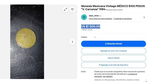 La moneda de 100 pesos con la efigie de Venustiano Carranza.