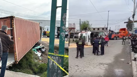 Mototaxi aplastado por caja de tráiler en Toluca.