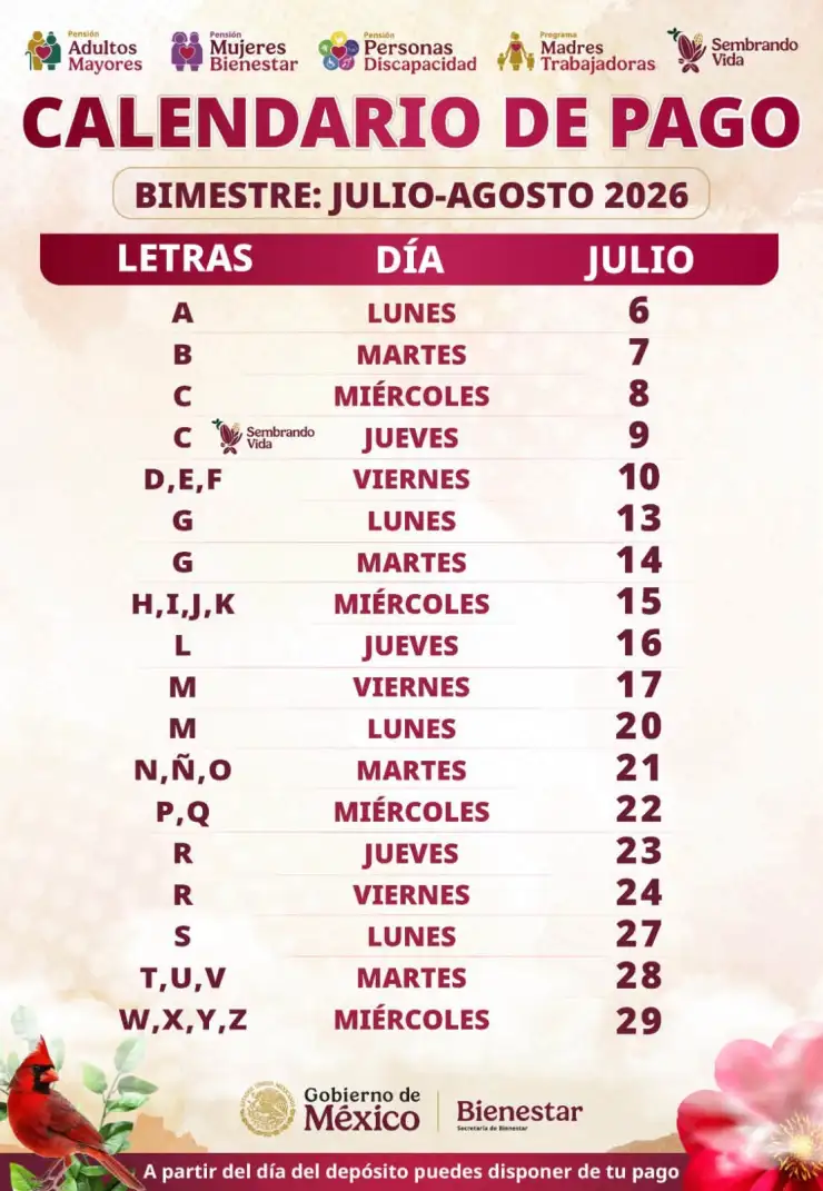 Calendario de pagos de la pensión bienestar en julio 2026