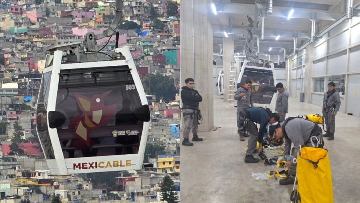 Cabinas de Mexicable y personal de mantenimiento.