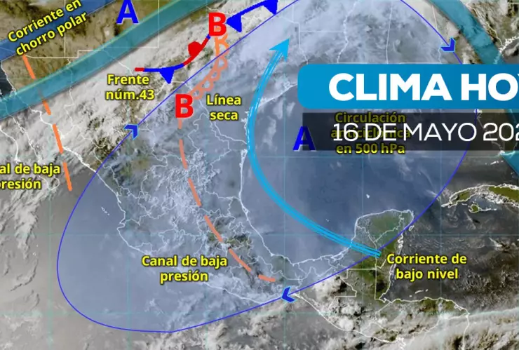 Imagen satelital del clima en México para el viernes 16 de mayo de 2025.