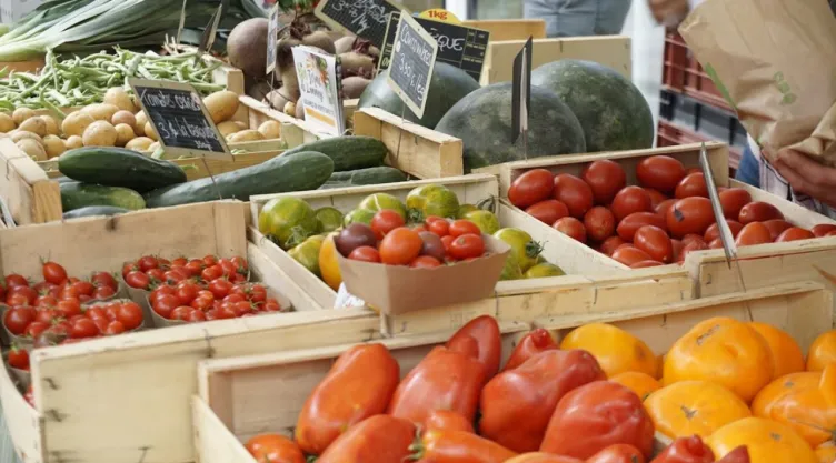 mercado con jitomates pepinos sandía