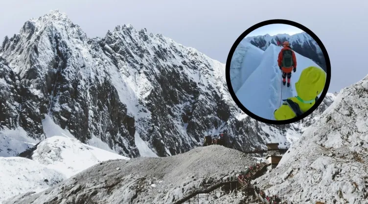 foto de montaña con nieve y captura de video de caída de alpinista en el monte Nama, China