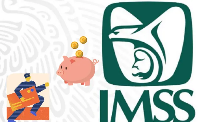Logo del IMSS con ilustraciones de una alcancía de cerdo y una estafa virtual.