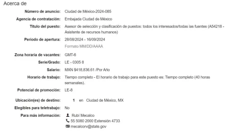 Trabajo en Embajada de EU en México ofrece más de 400 mil pesos al año; estos son los requisitos