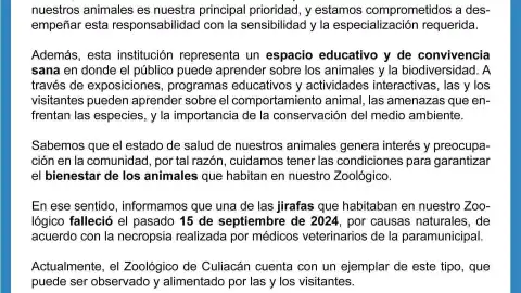 Comunicado Zoológico de Culiacán sobre jirafa desaparecida