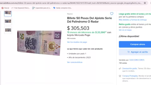 Pagan 300,000 por este billete de 50 pesos del ajolote con número especial.png