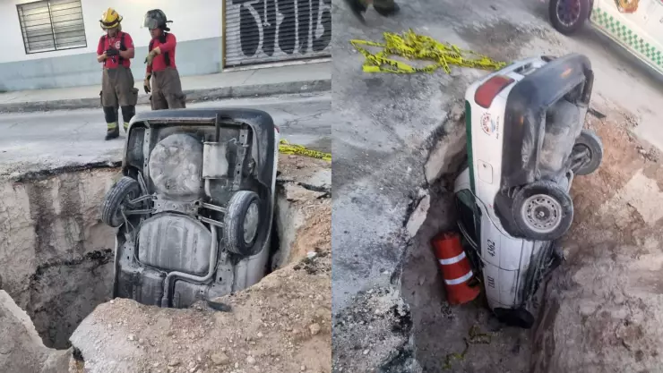 ¡No lo vio! Vehículo hace “buceo” y termina dentro de un hoyo en Av. Puerto Juárez en Cancún HOY: ¿Qué pasó?