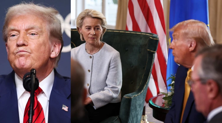 Donald Trump en un acto oficial, con gesto serio. El presidente de EU amenaza a la Unión Europea con nuevos y devastadores aranceles del 35% sobre sus productos si no se materializan las inversiones prometidas.