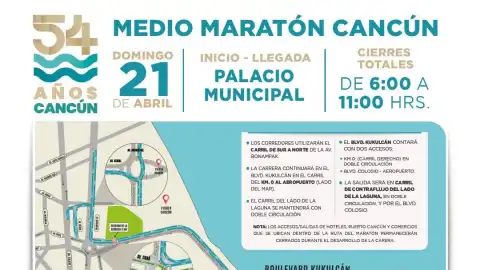 Conoce los cierres y vías alternas del Medio Maratón Cancún 2024