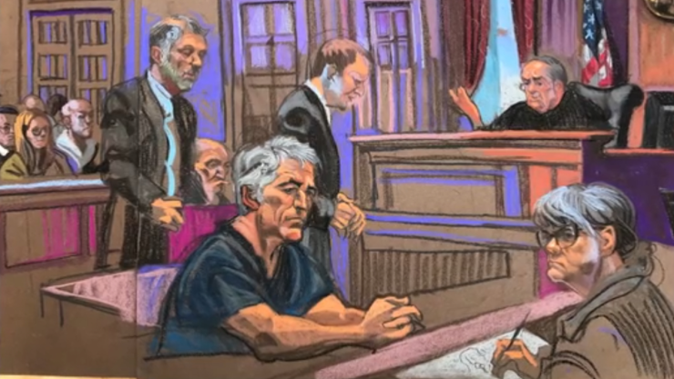 Sketch de Jeffrey Epstein en su comparecencia