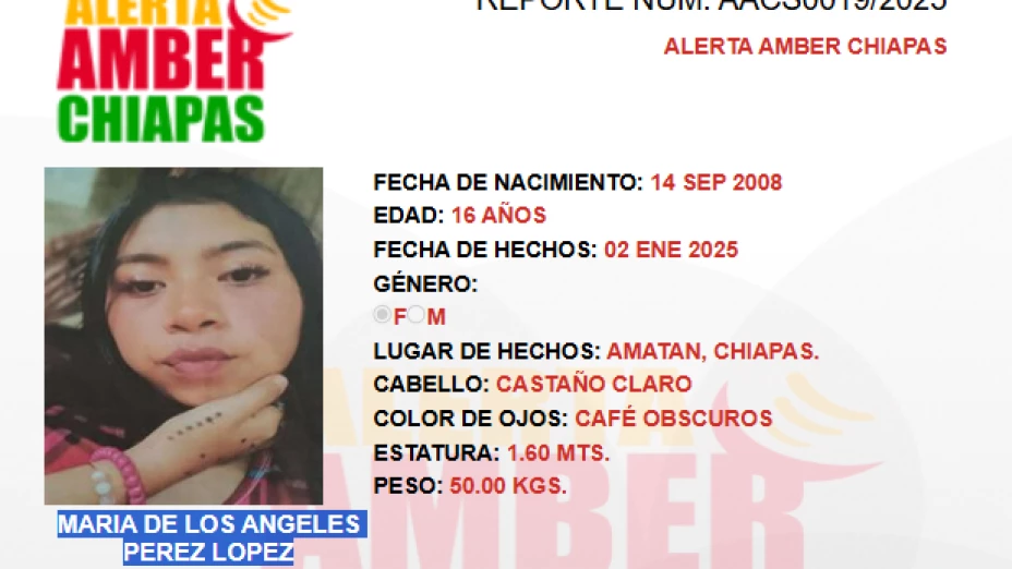 ALERTA AMBER CHIAPAS: María de Los Ángeles desapareció en Amatán