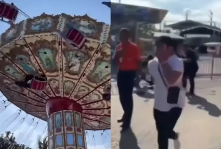 Video mujer sale volando de juego mecánico sillas voladoras en parque de atracciones en Brasil