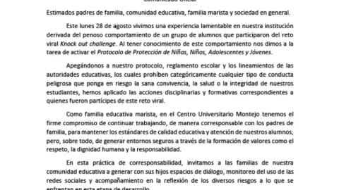 Comunicado por peligro reto en escuela de Mérida