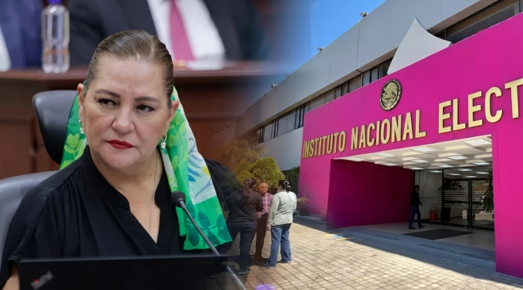 Composición fotográfica que muestra a Guadalupe Taddei con semblante serio a la izquierda, junto a la fachada principal del edificio del Instituto Nacional Electoral (INE) a la derecha.