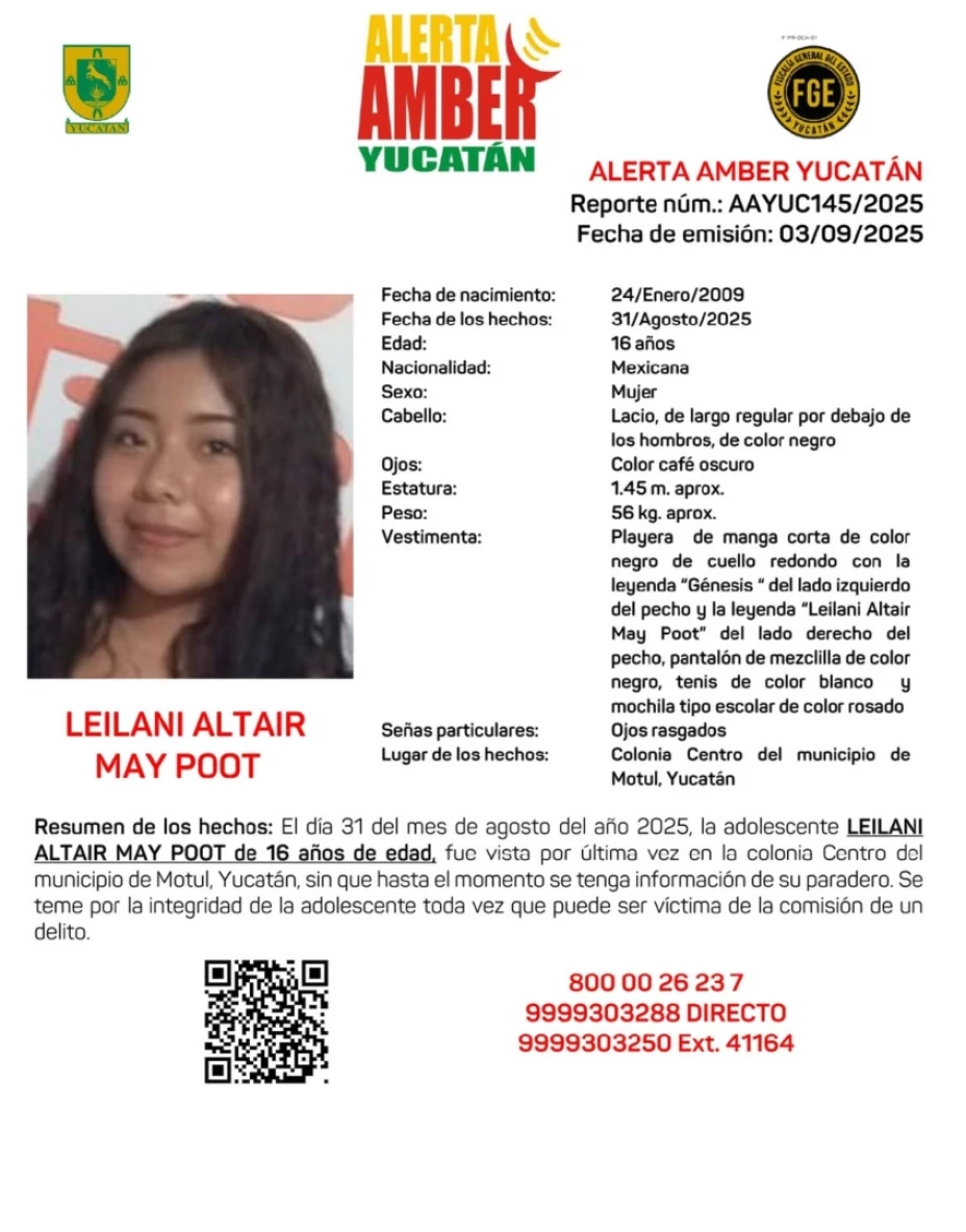 Leilani Altair DESAPARECIÓ en Motul hace 3 días y nadie sabe nada de ella; tiene solamente 16 años
