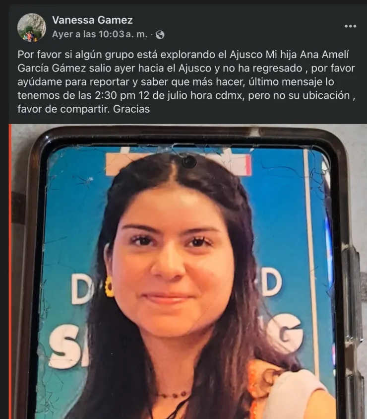 Joven Ana Ameli García, de 19 años, se encuentra desaparecida en el Ajusco