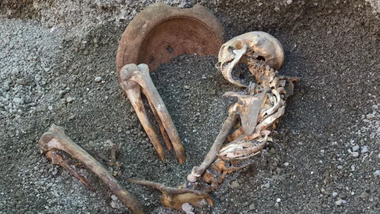 Huesos de víctima de la erupción del Vesubio, en Pompeya, en el año 79 d.C.