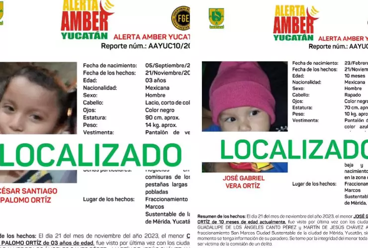 Alerta Amber en Yucatán_ Localizan a dos menores de 3 años y 10 meses respectivamente