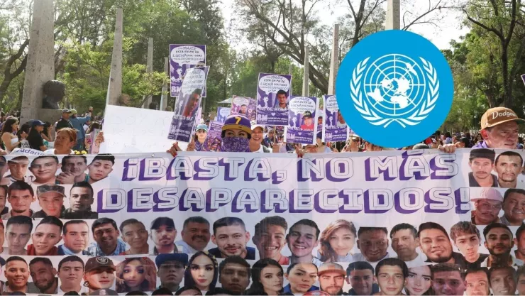 foto de marcha por desaparecidos en CDMX y logo de la ONU.