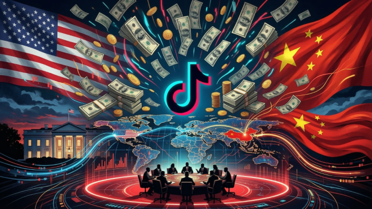 Ilustración editorial de geopolítica tecnológica: un enorme símbolo de TikTok en el centro sobre un fondo oscuro, fajos de billetes y monedas cayendo alrededor con la cifra simbólica de “10 mil millones”, silueta de la Casa Blanca al fondo iluminada, ambiente de negociación política y poder tecnológico, líneas digitales que conectan Estados Unidos y China en un mapa del mundo, estilo portada de revista económica internacional