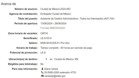 Embajada de EU ofrece trabajo en CDMX con sueldo de más de 400 mil pesos al año