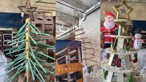 Albañiles hacen concurso de arbolitos con material de construcción