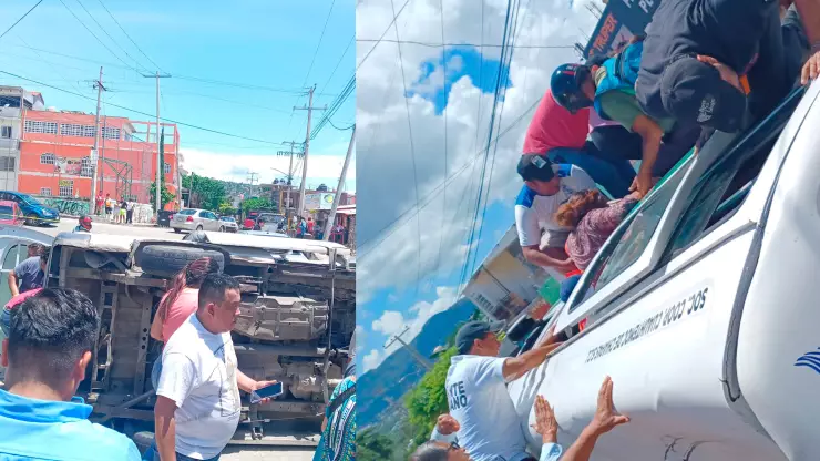 Colectivo se vuelca frente a Plaza San Fernando en Tuxtla Gutiérrez 