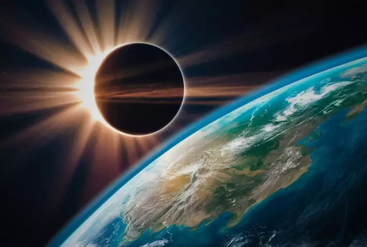 Una impresionante fotografía cinematográfica de un eclipse solar desde el punto de vista del espacio exterior