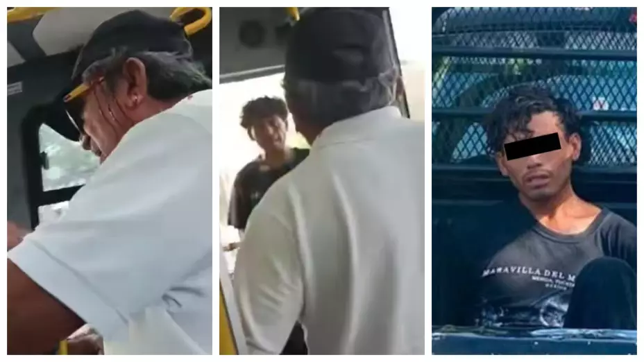 Capturan a agresor que golpeó a un adulto mayor en transporte ‘Va y Ven’ de Mérida. En la imagen se observa cómo el hombre encara y golpea al abuelito por diferencias con el pasaje.