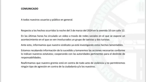 El Sindicato de Taxistas “Lázaro Cárdenas del Río” emite comunicado oficial