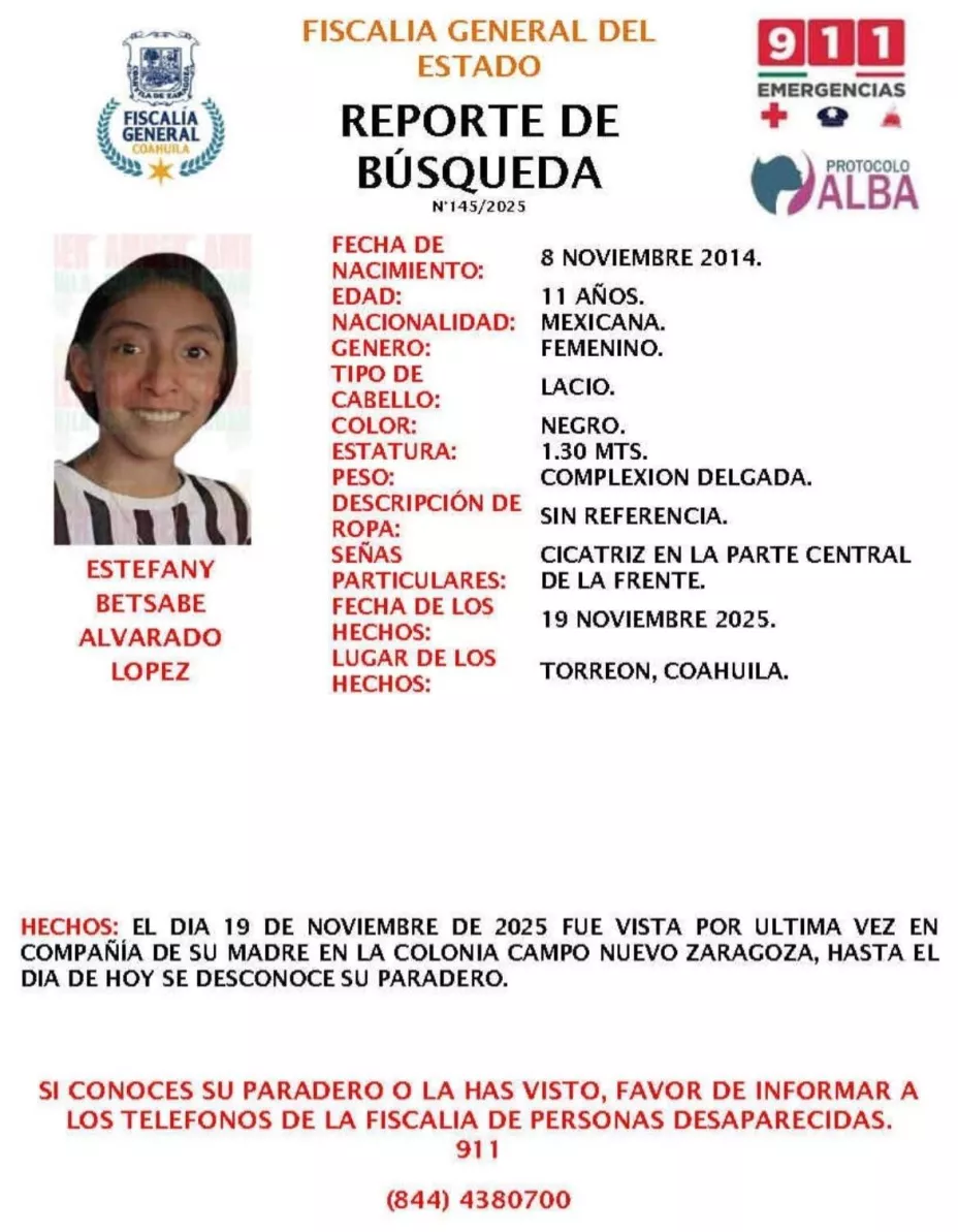 Estefany Betzabé, de 11 años, desaparece en Torreón