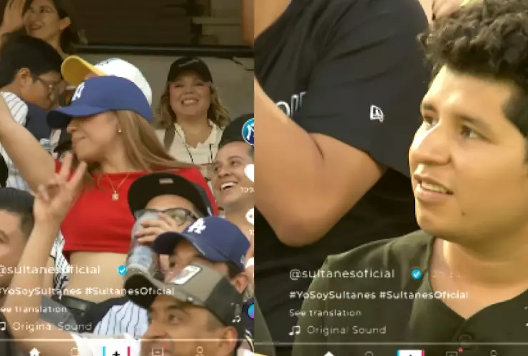 Cachan a hombre viendo bailar mujeres en partido de béisbol