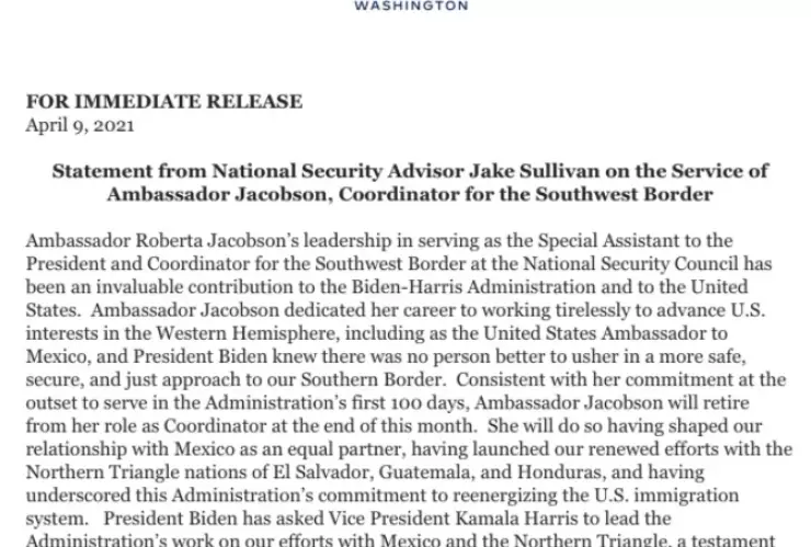 Roberta Jacobson, fuera de la Coordinación de asuntos para la frontera sur