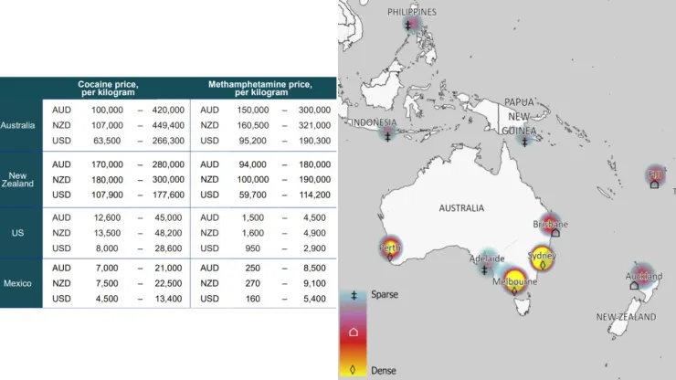 Precio de la cocaína y metanfetamina en México, EU, Australia y Nueva Zelanda / Un mapa de calor sobre la presencia de afiliados a los cárteles mexicanos (Cártel de Sinaloa CJNG) en Asia y Oceanía
