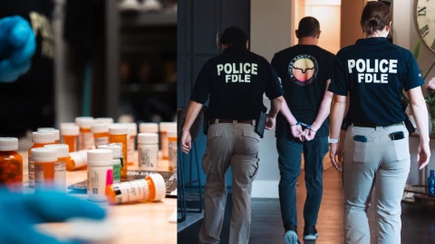 Ilustración del robo y desvío de opioides farmacéuticos como oxicodona mediante fraudes con recetas electrónicas (e-scripts) y asaltos a farmacias, un problema destacado en el Informe DEA 2025 sobre drogas controladas.