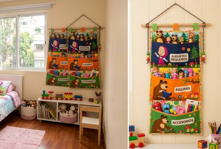 Crea bolsas de Masha y el Oso que puedas colgar en la pared para que los niños guarden sus juguetes