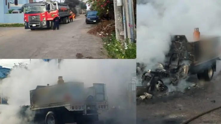 Sofocan incendio de camioneta de gas LP en Kanasín; así fue el momento