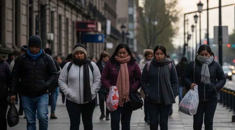Fotografía de estilo periodístico y realista tomada en la Ciudad de México durante una mañana fría de invierno. Personas comunes caminan por una banqueta urbana usando chamarras sencillas, sudaderas, bufandas y gorros, algunas con mochilas o bolsas del mandado. No posan para la cámara. La luz es natural, de primeras horas del día, con cielo nublado y tonos grises. Se percibe el frío en la postura corporal y la forma de caminar. Al fondo se observan edificios típicos de la CDMX, postes, autos y transporte público. La escena transmite bajas temperaturas y vida cotidiana bajo condiciones de frío, sin dramatización ni elementos exagerados.